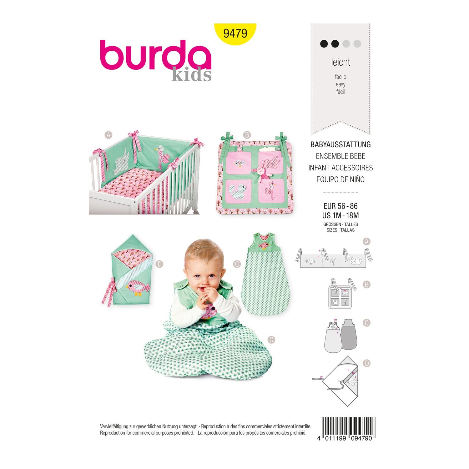 burda style Schnittmuster 9479: Babyausstattung mit Schlafsack, Vorderseite der Schnittmustertüte