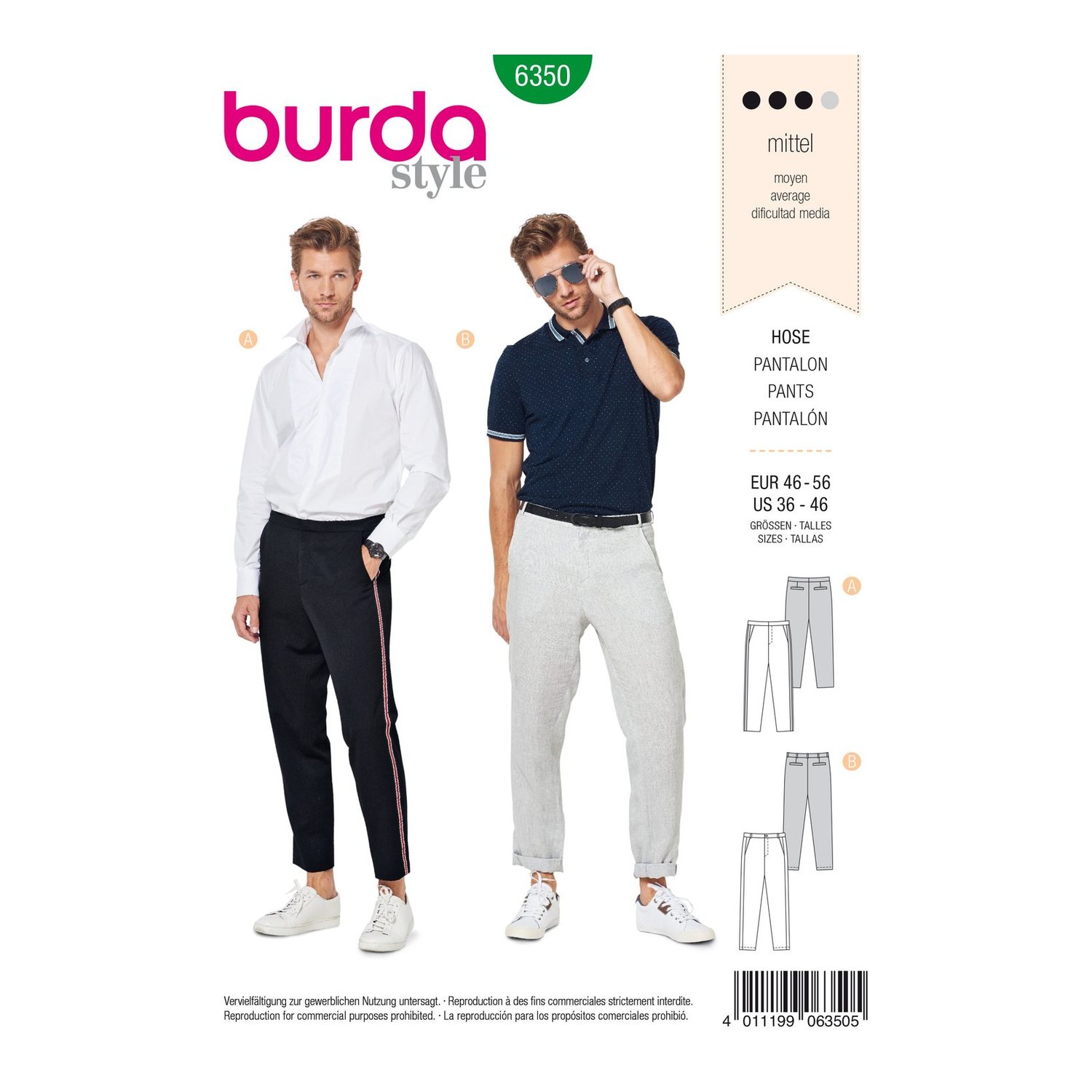 burda style Schnittmuster 6350: Herrenhose mit Kontrastband, Vorderseite der Schnittmustertüte