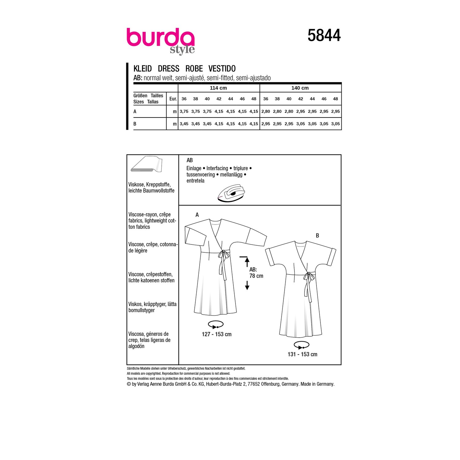 burda style Schnittmuster 5844: Wickelkleider mit angeschnittenen Ärmeln, Rückseite der Schnittmustertüte mit Stoffverbrauch