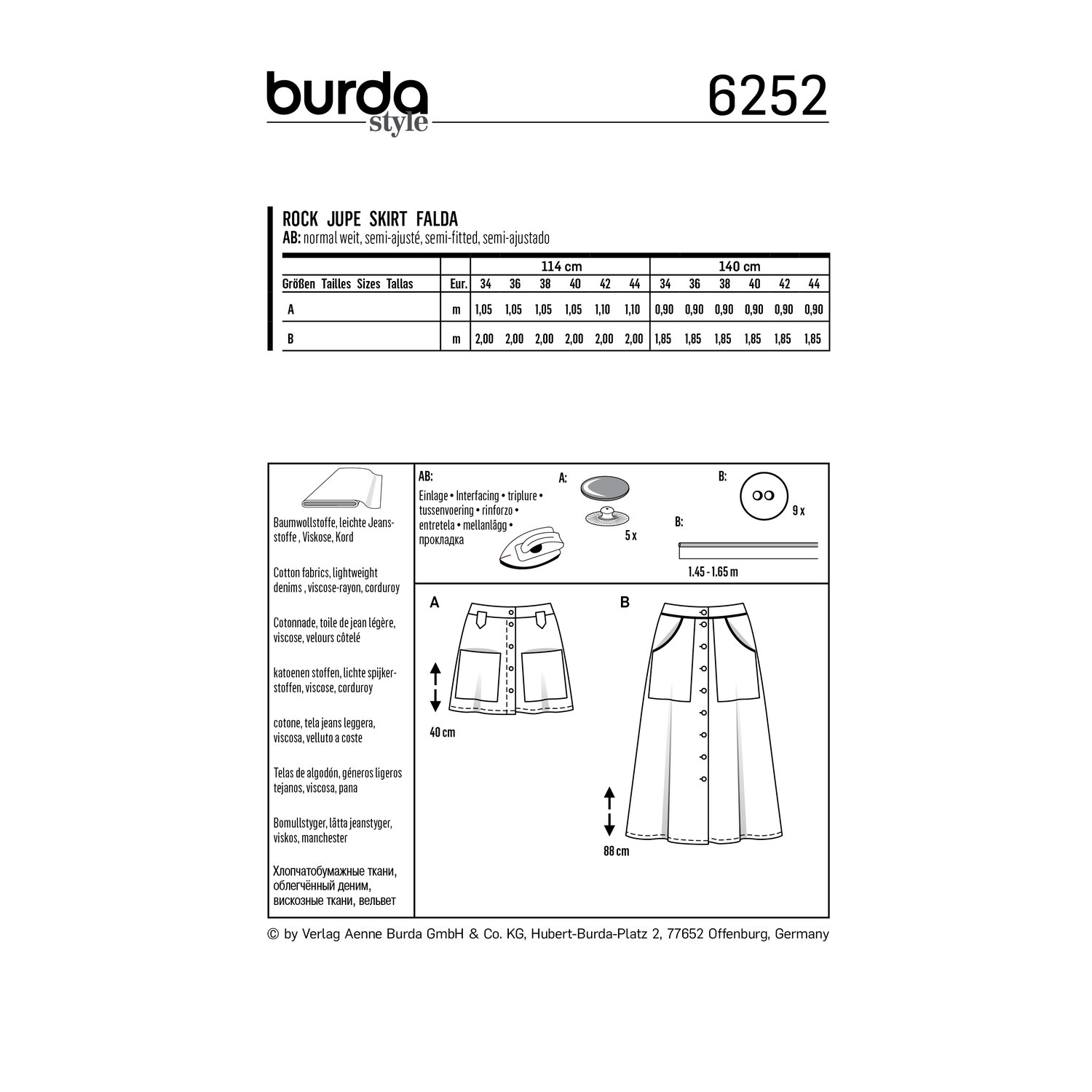 burda style Schnittmuster 6252: Ausgestellter Rock mit Formbund, Rückseite der Schnittmustertüte mit Stoffverbrauch