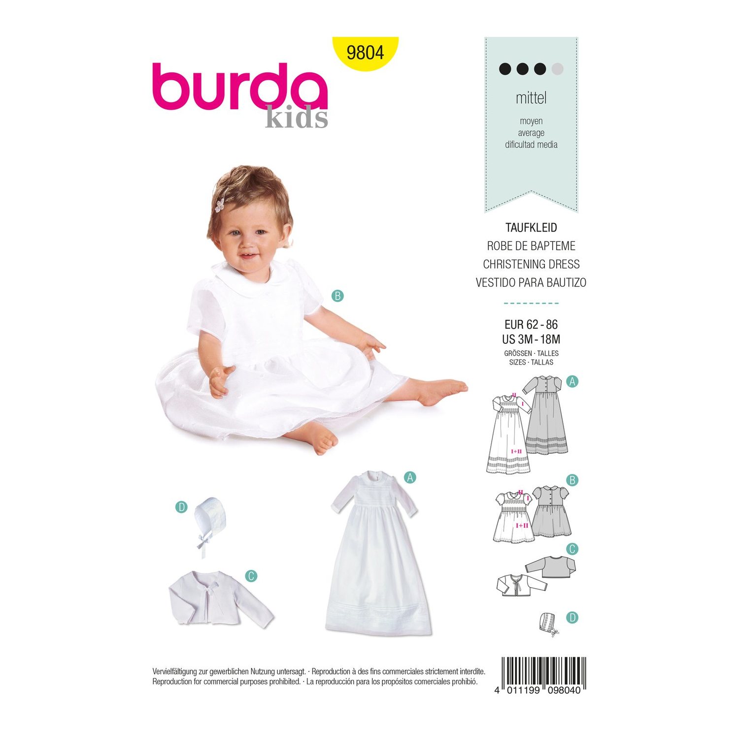 burda style Schnittmuster 9804: Taufkleid mit Bolerojäckchen, Vorderseite der Schnittmustertüte