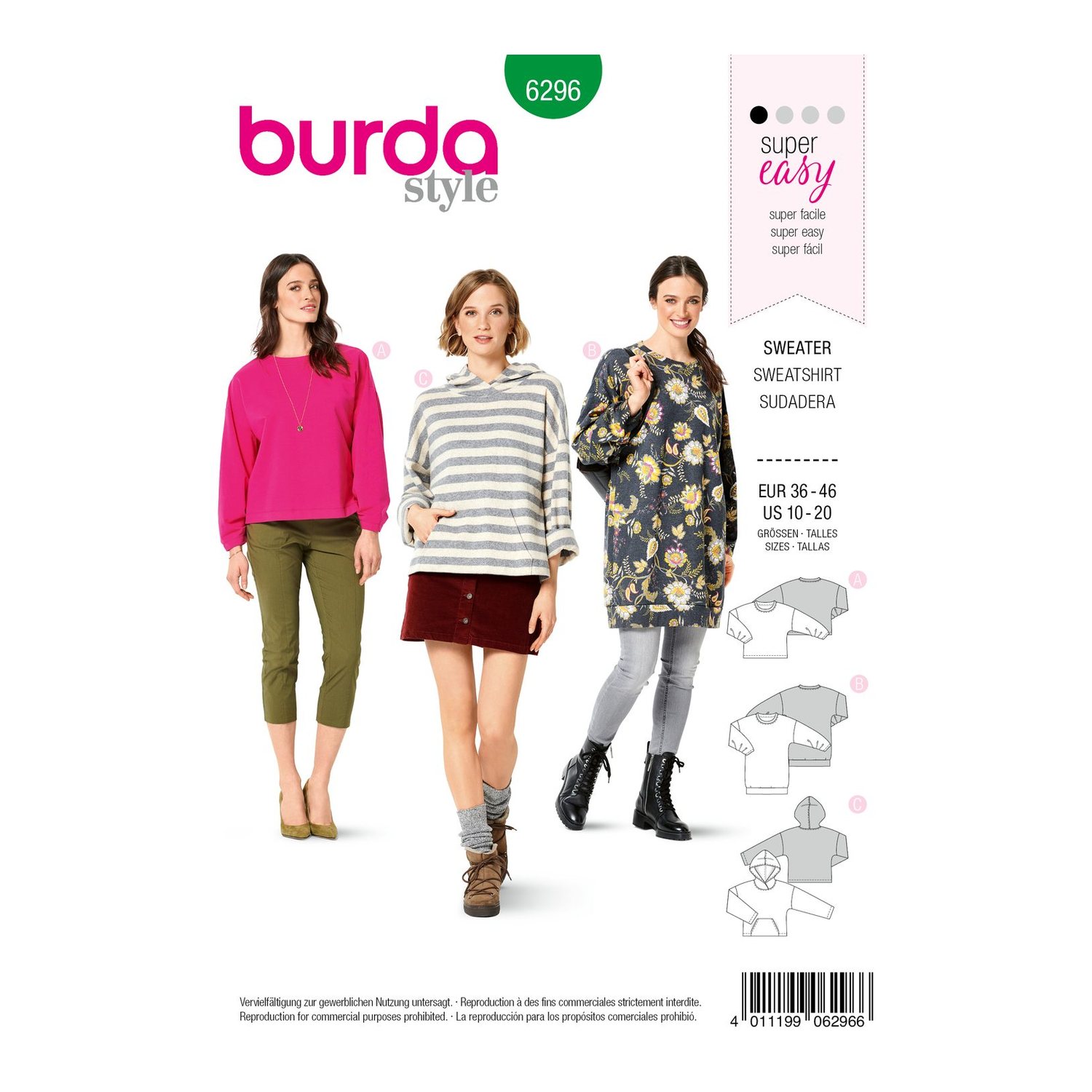 burda style Schnittmuster 6296: Sweatshirt und Hoodie, Vorderseite der Schnittmustertüte