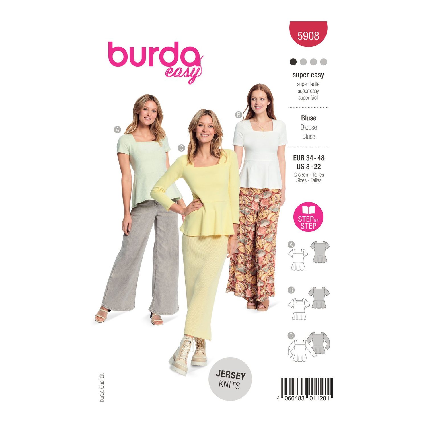 burda style Schnittmuster 5908: Jerseybluse mit Schößchen, Modellfoto 1