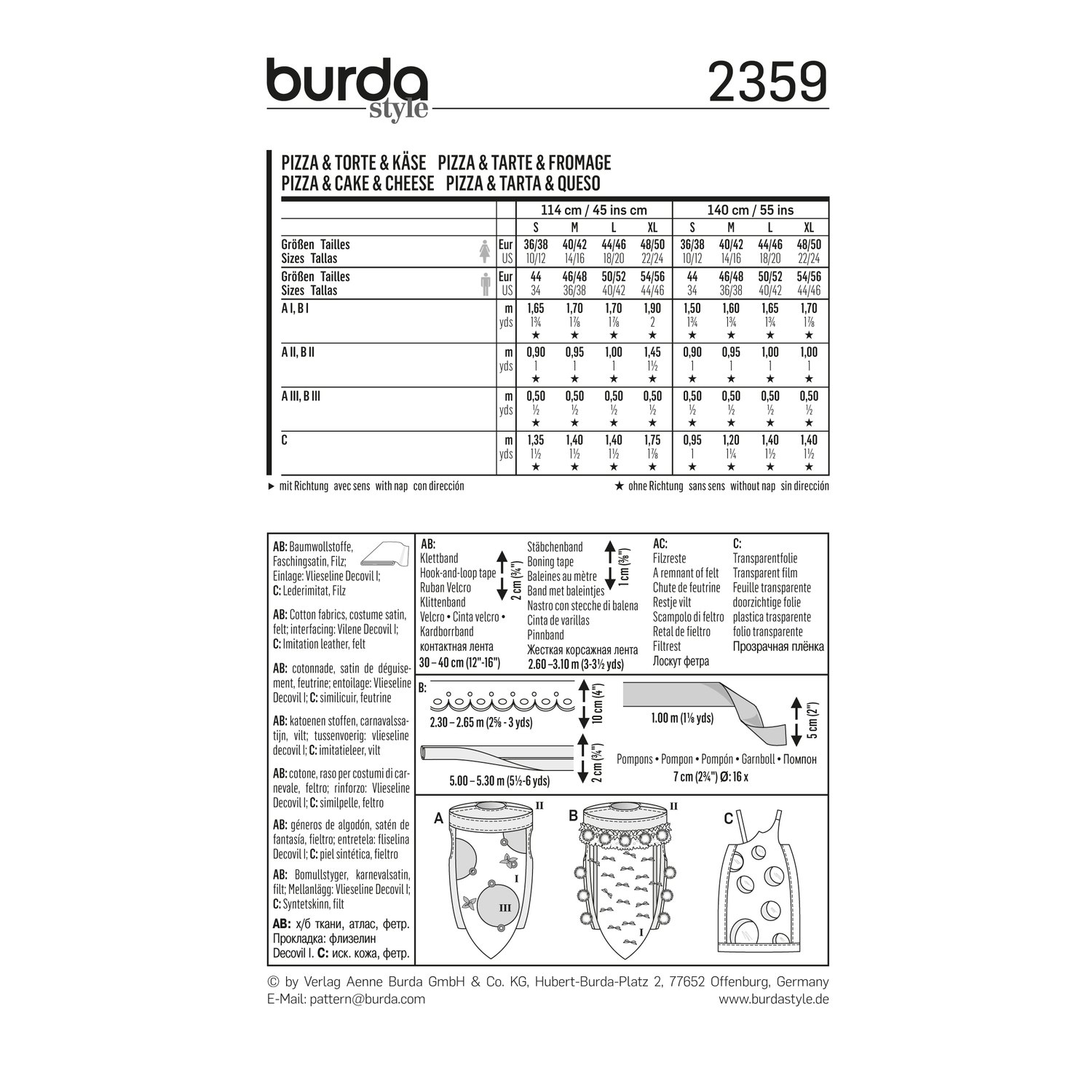 burda style Schnittmuster 2359: Kostüme Pizza, Kuchen und Käse, Rückseite der Schnittmustertüte mit Stoffverbrauch